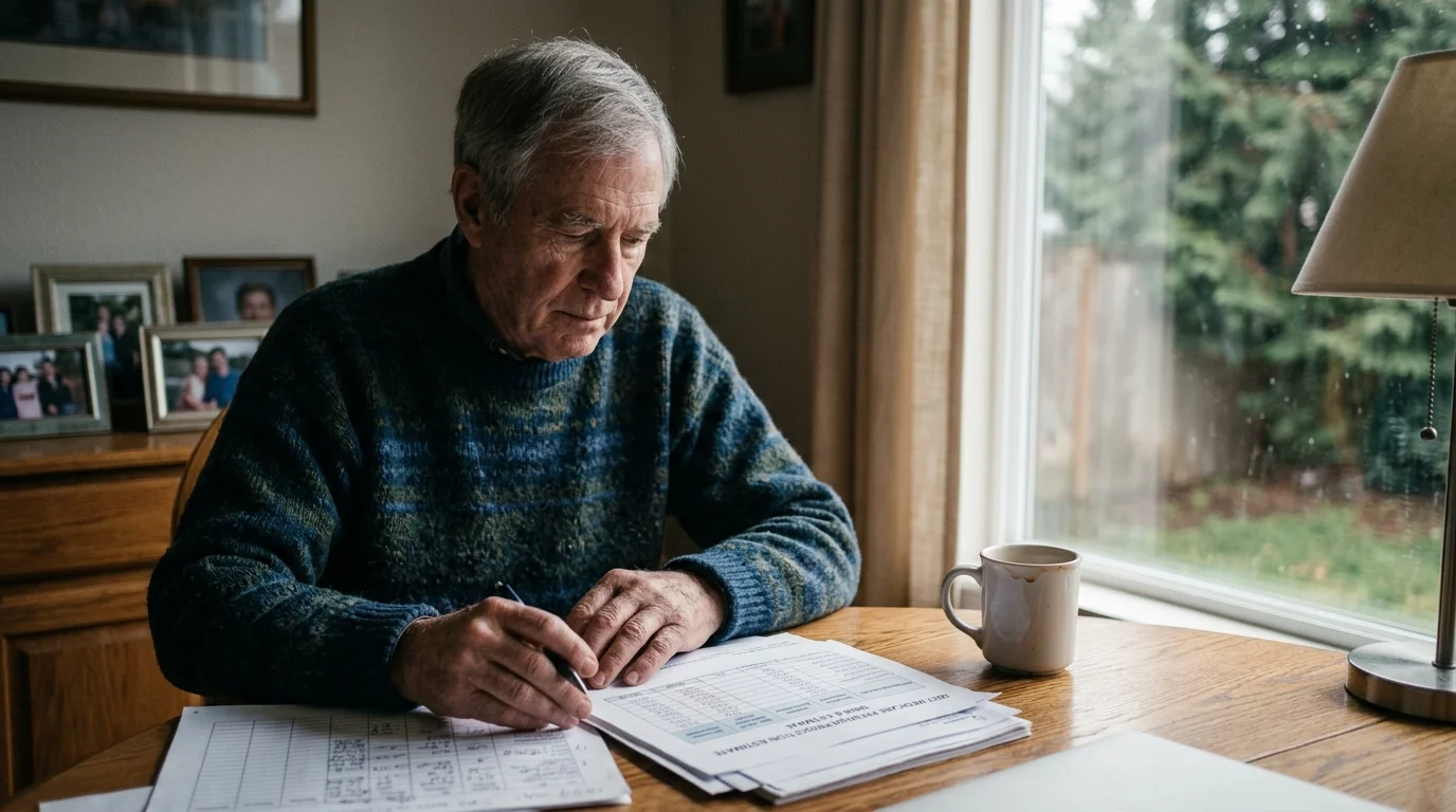 Senior man in a blue sweater sitting at a wooden table by a window, writing on financial papers with a pen.