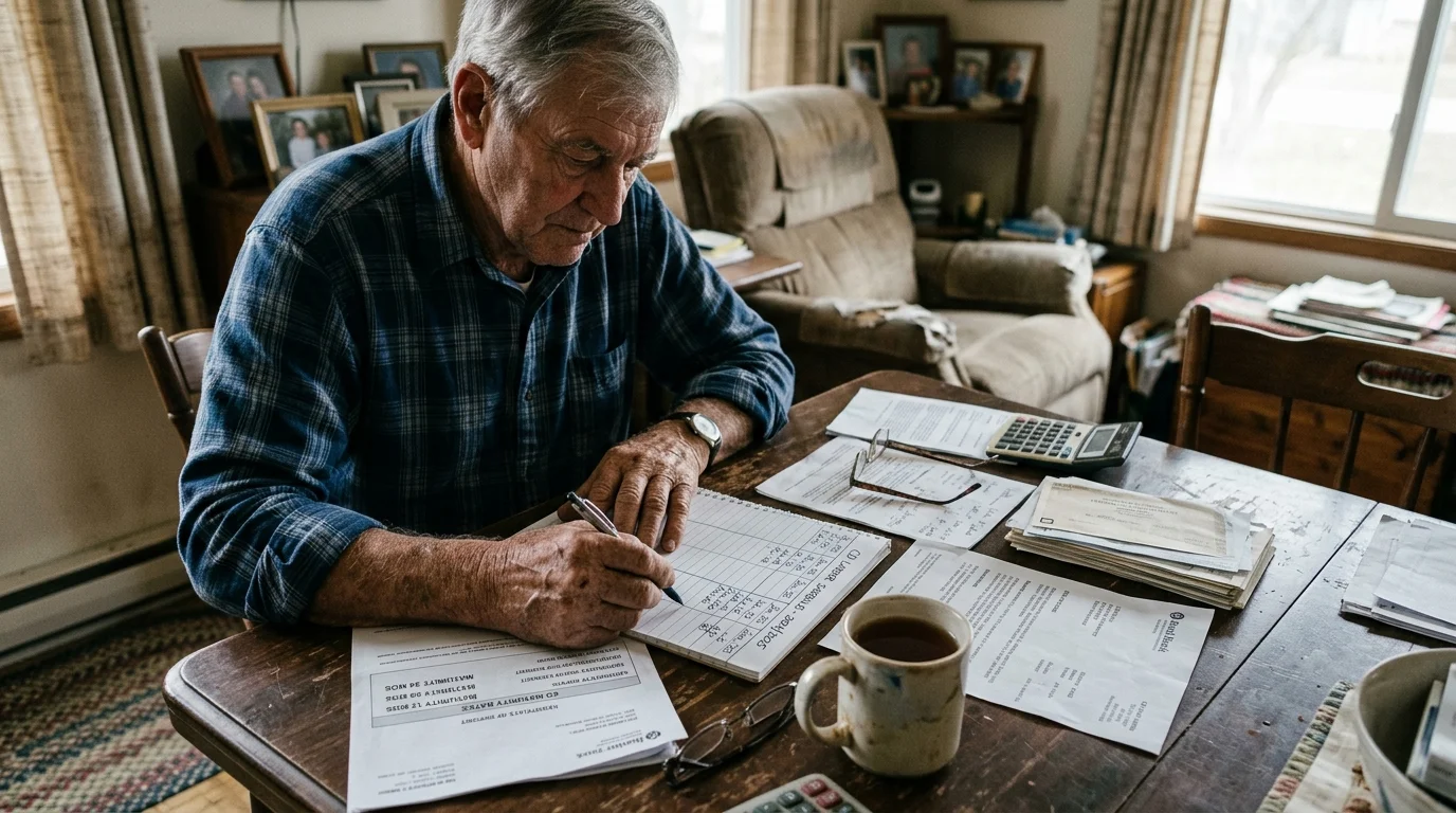 An older man writing in a notebook at a wooden table covered with financial documents, glasses, and a mug.