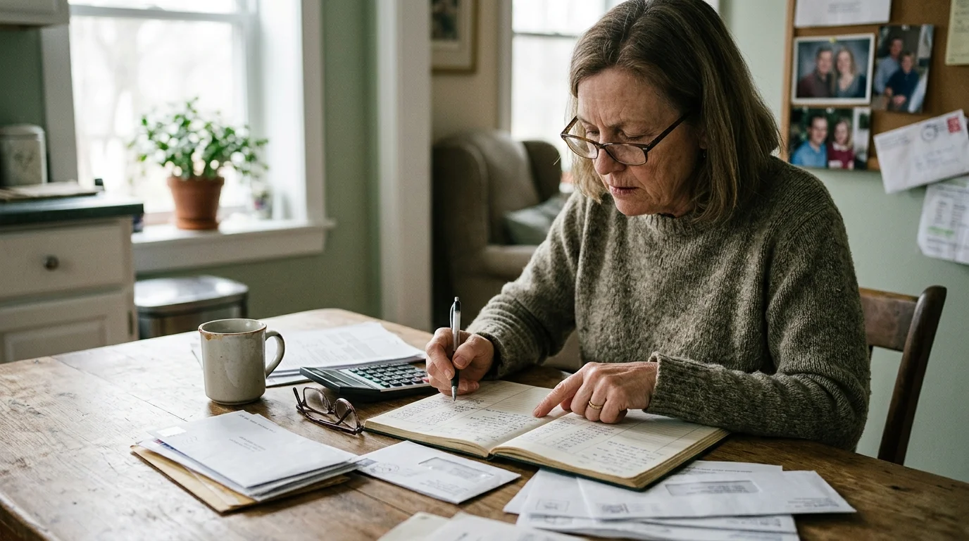 A mature woman wearing glasses sits at a wooden table writing in a ledger surrounded by mail and a calculator.
