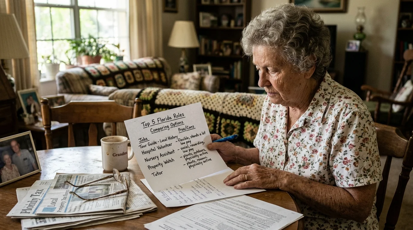 Senior woman sitting at a dining table holding a handwritten list titled Top 5 Florida Roles Comparing Options.