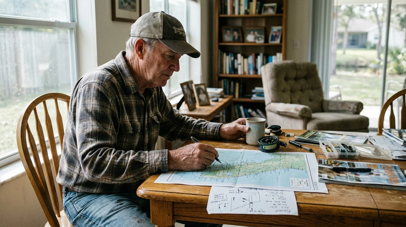 Man in a baseball cap sitting at a wooden table with a mug, writing on a Florida map near fishing gear.