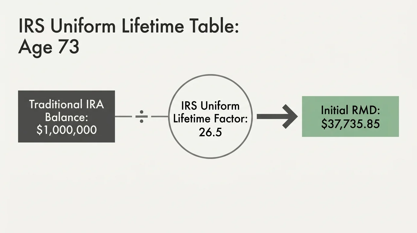 Financial flow diagram showing the calculation of an initial RMD of $37,735.85 from a one million dollar Traditional IRA balance.