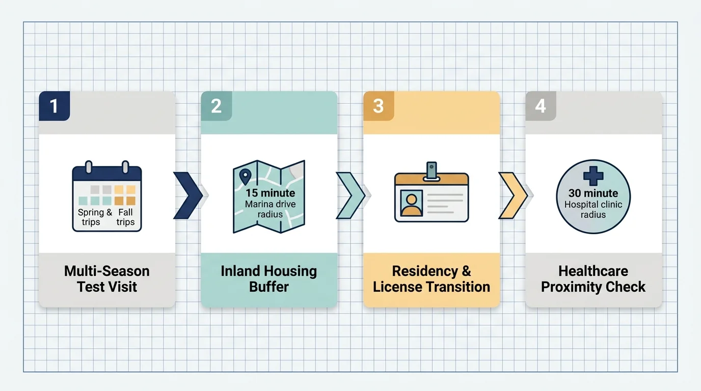 Four-step diagram showing multi-season test visits, inland housing buffers, license transitions, and healthcare proximity.