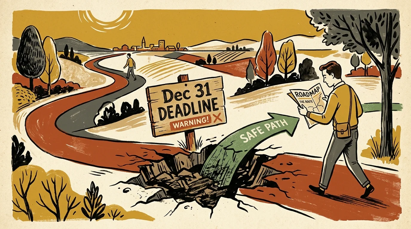 Graphic illustration of a traveler successfully navigating around a path hazard labeled Dec 31 Deadline.