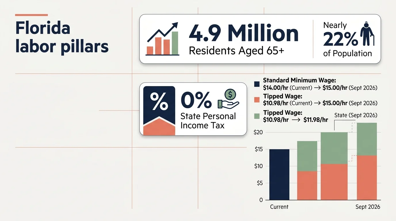 Infographic detailing Florida senior demographics, a 0% state personal income tax rate, and minimum wage projections.