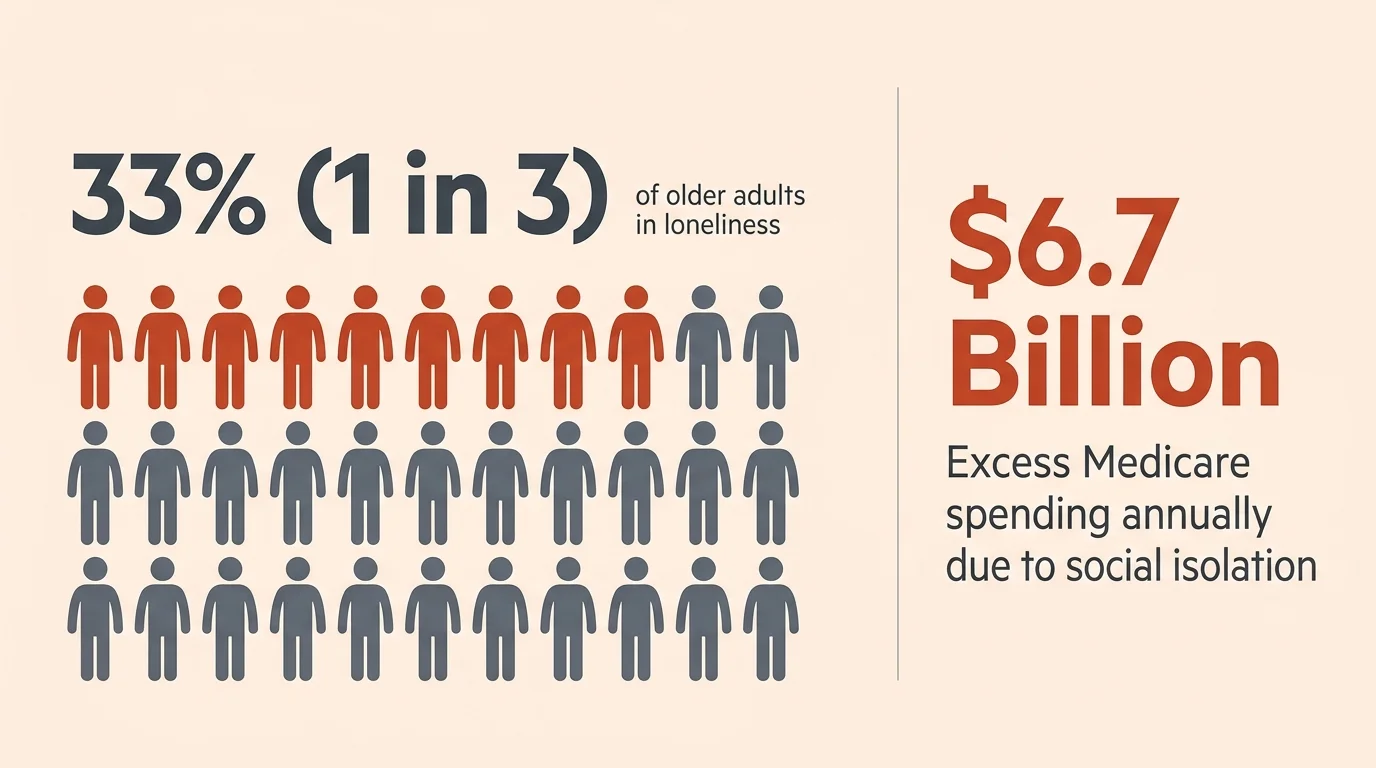 Infographic showing that 33% of older adults experience loneliness, contributing to $6.7 billion in excess Medicare spending.