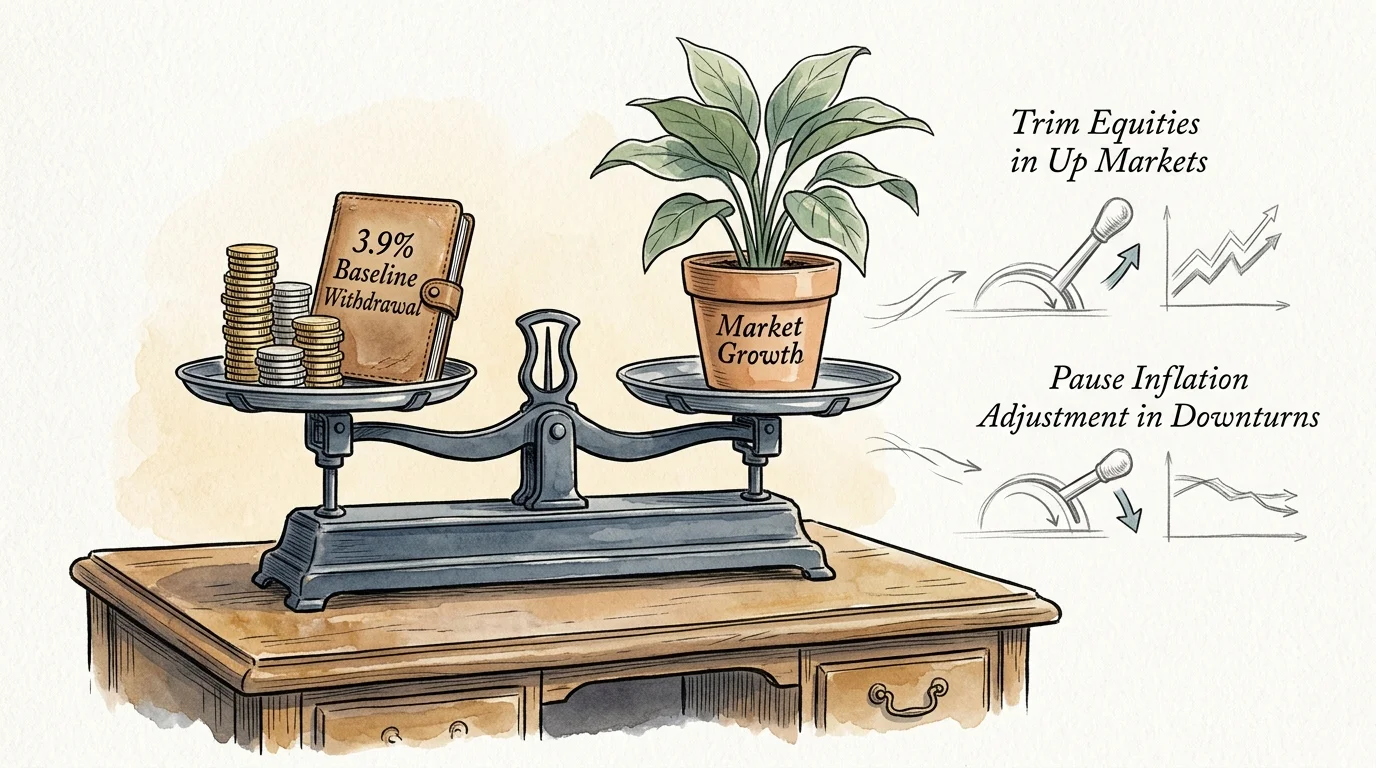 Illustration of a balance scale with coins, a withdrawal booklet, a potted plant, and market adjustment diagrams.