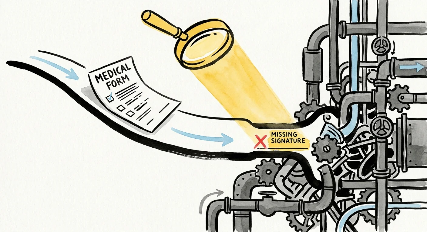Ink and watercolor illustration of a document caught in a maze of pipes with a magnifying glass highlighting the issue.