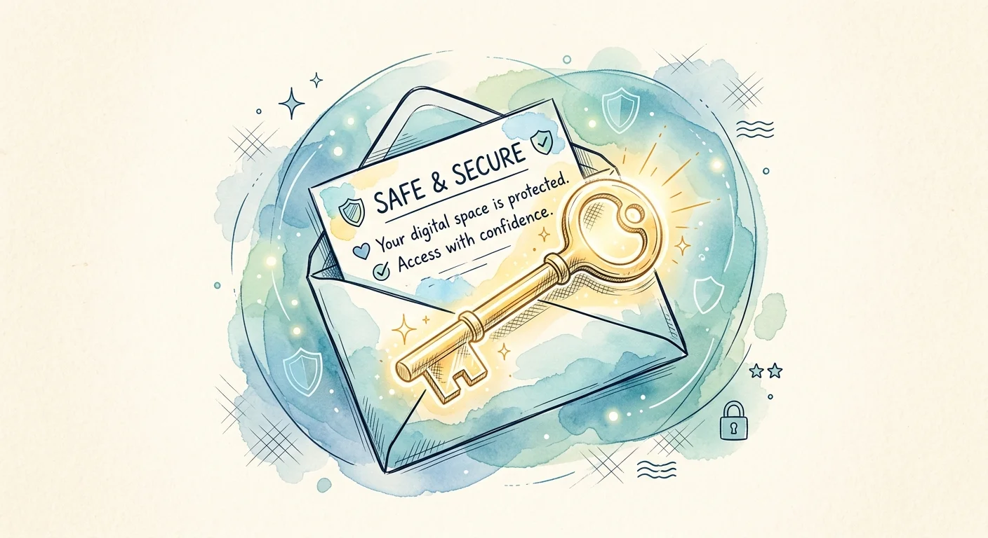 Ink and watercolor illustration of a golden key resting on a secure, hand-drawn letter envelope.