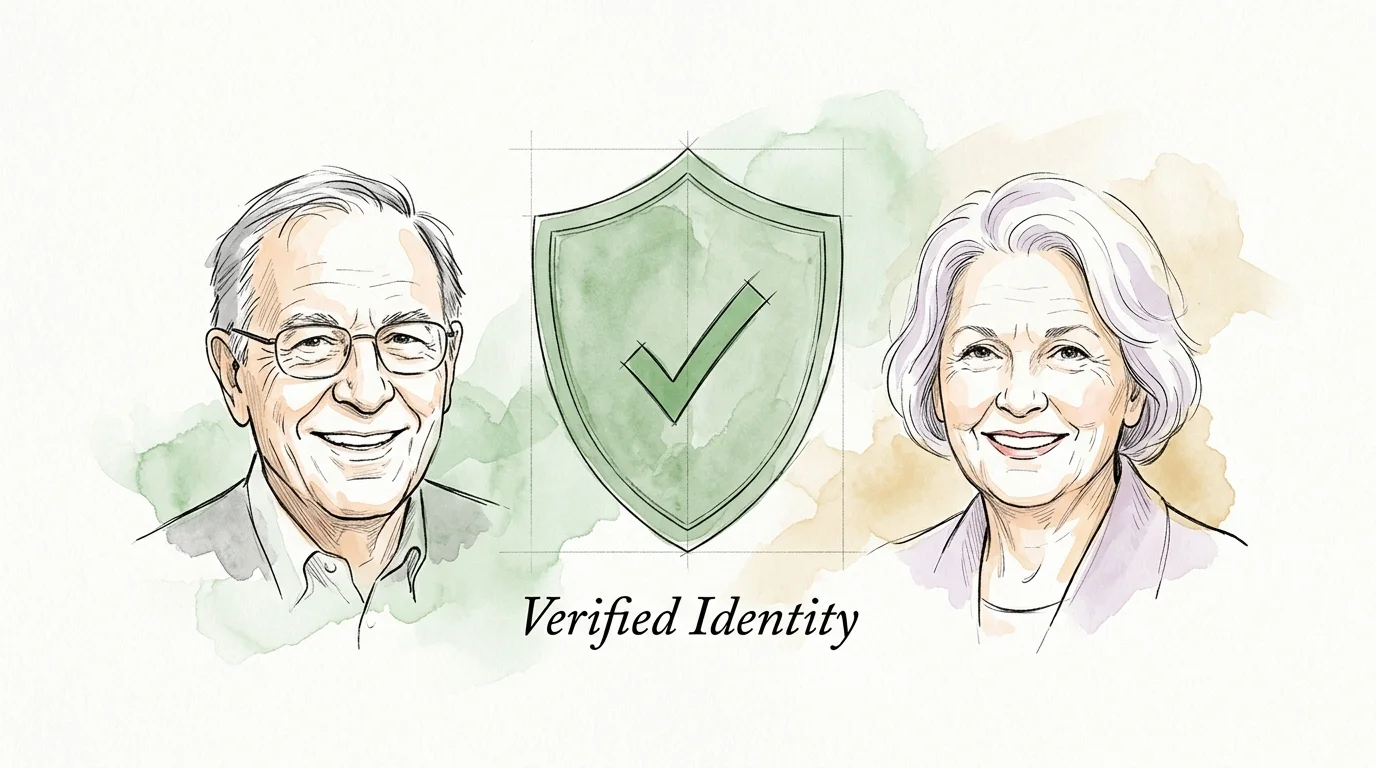 Ink and watercolor illustration of a green security shield with a checkmark between two friendly retiree portraits.