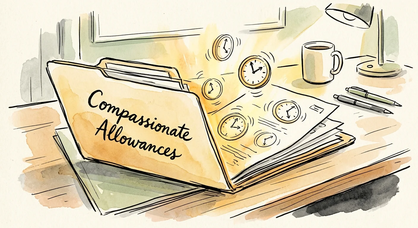Ink and watercolor illustration of an open file labeled Compassionate Allowances with glowing clocks representing fast processing.