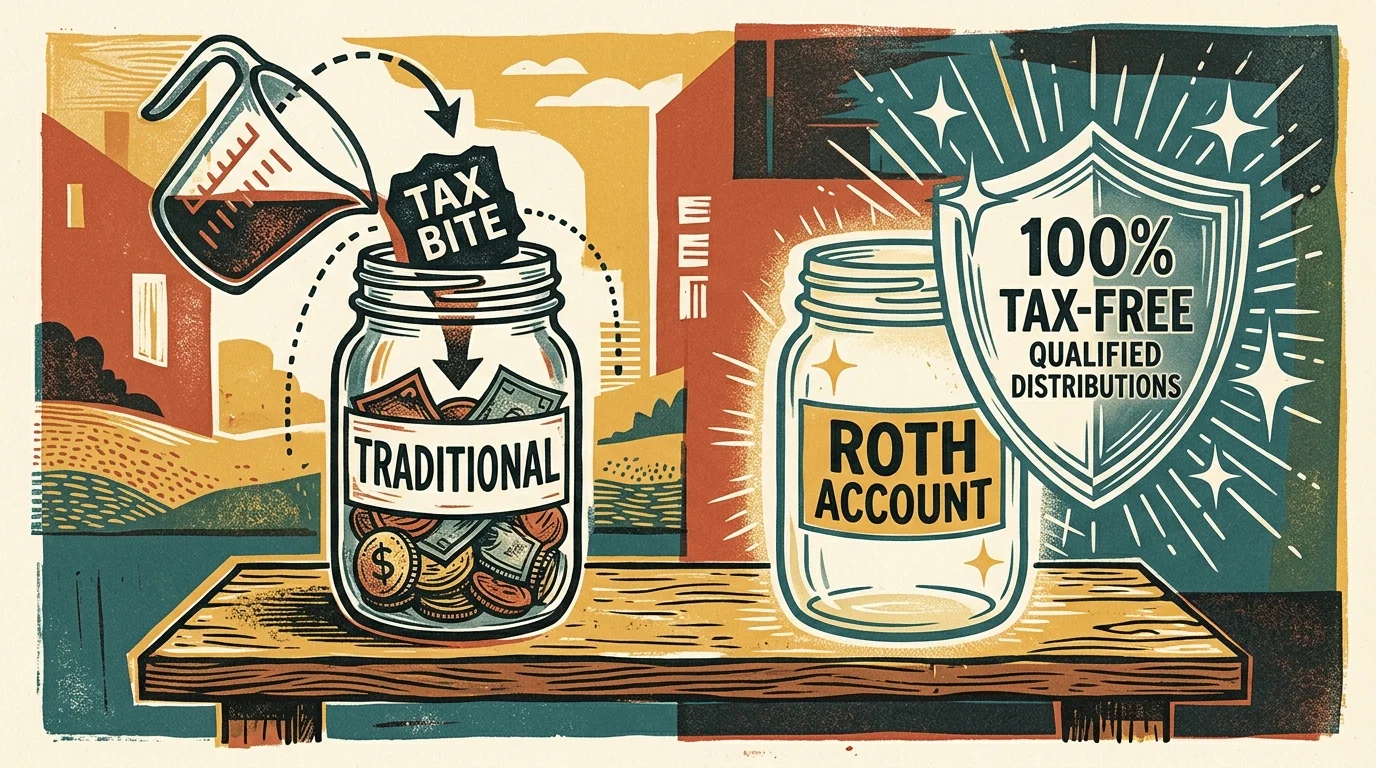 Illustration comparing a traditional account jar taking a tax bite to a glowing Roth account jar behind a shield.