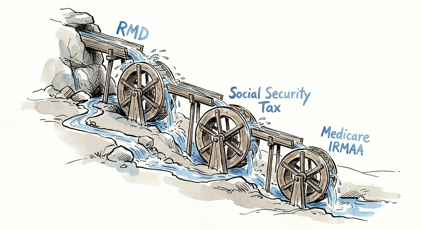 Metaphorical watercolor illustration showing how a Required Minimum Distribution triggers taxation on Social Security and Medicare premiums.
