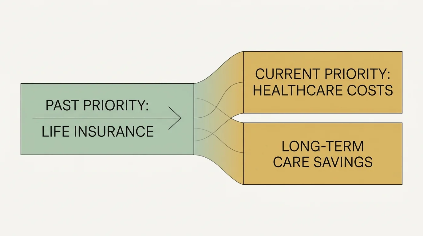 Minimalist flow diagram showing a financial transition from life insurance to healthcare and long-term care savings.
