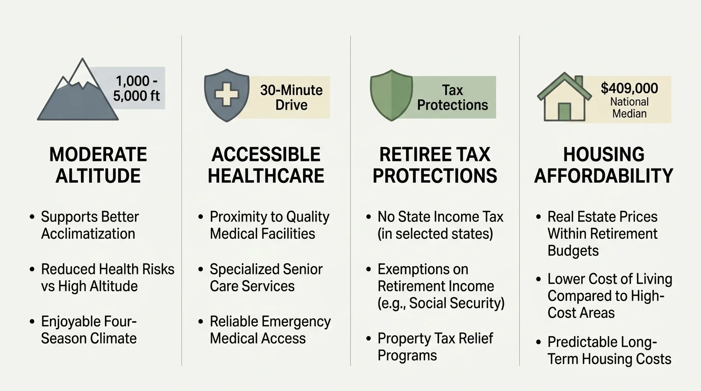 Minimalist infographic showing four key retirement criteria: altitude under 5,000 ft, 30-min medical access, low taxes, and affordable housi