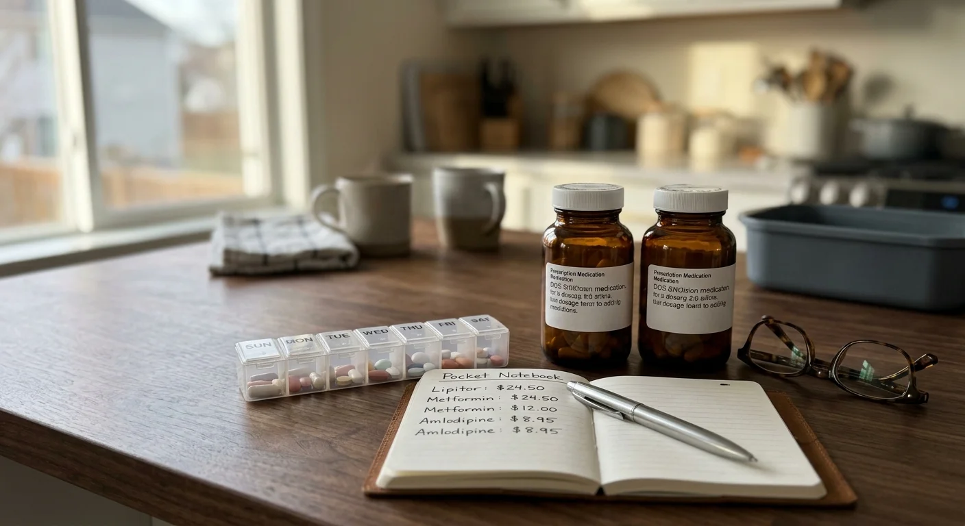 Pill organizer, two amber medicine bottles, notebook with medication costs, pen, and glasses on a kitchen counter.