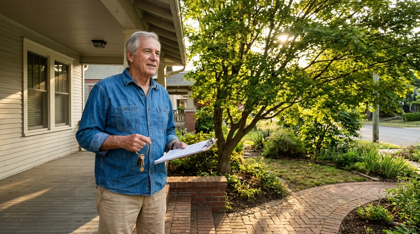An older man in a denim shirt holding keys and a clipboard stands on the front porch of a suburban home.