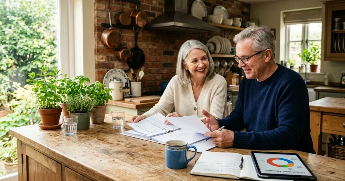 Senior couple smiling while reviewing paperwork, a notebook, and an asset allocation chart on a tablet in their kitchen.