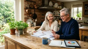 Senior couple smiling while reviewing paperwork, a notebook, and an asset allocation chart on a tablet in their kitchen.