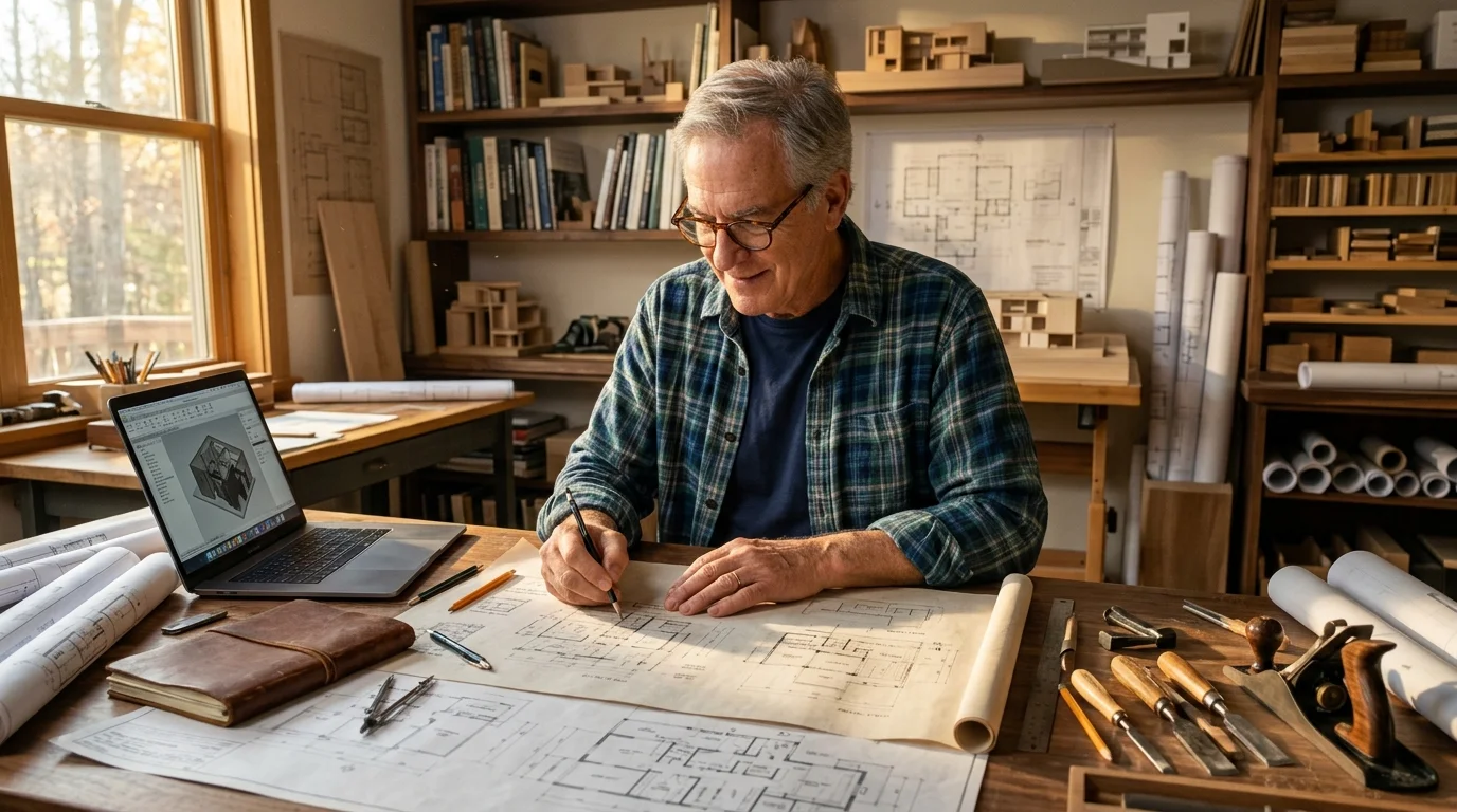 Older man wearing glasses and a plaid shirt sketches architectural blueprints at a wooden workshop desk with a laptop.