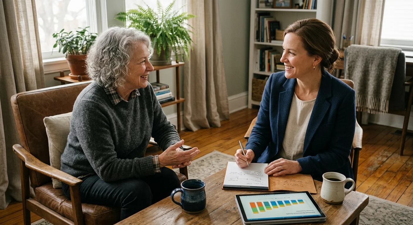 A professional adviser in a blazer takes notes while speaking with a senior woman across a wooden coffee table.