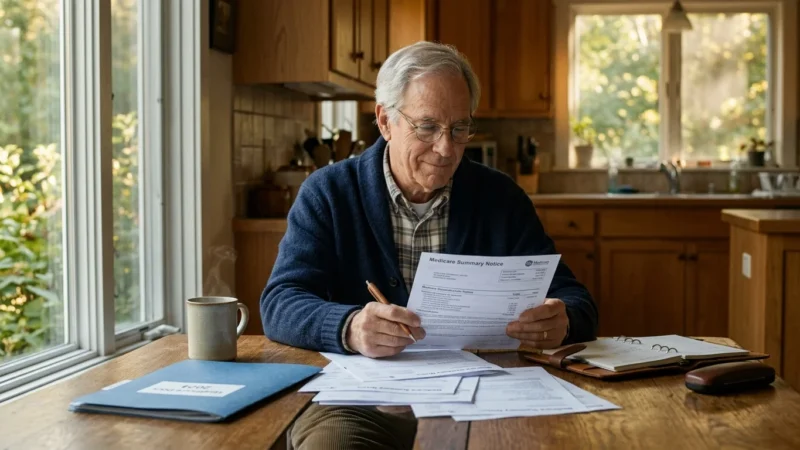 An older man wearing glasses sits at a wooden table reviewing a Medicare Summary Notice and paperwork.