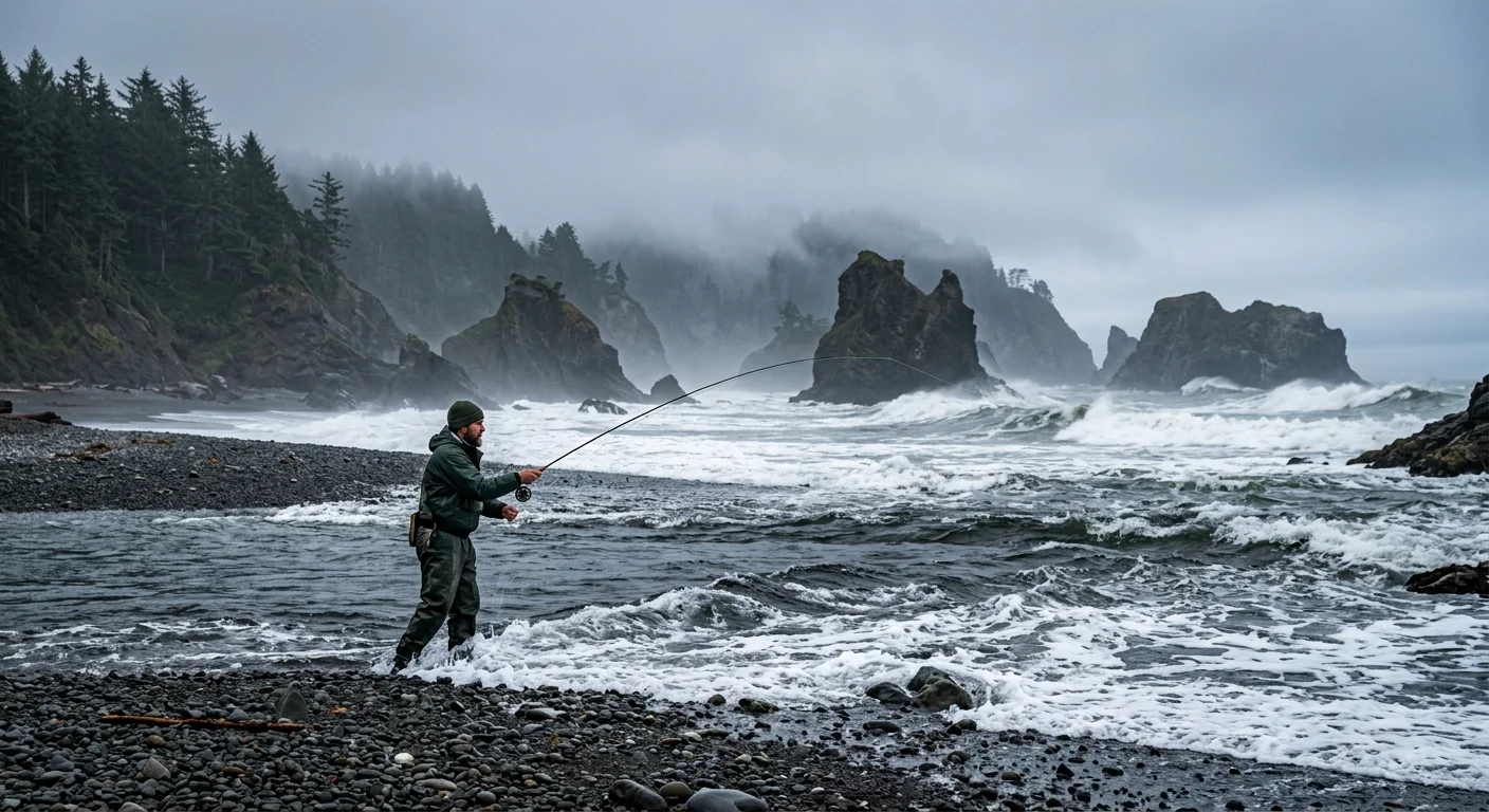 A fisherman casts a rod into surf on a rocky beach backed by misty sea stacks and pine-covered cliffs.