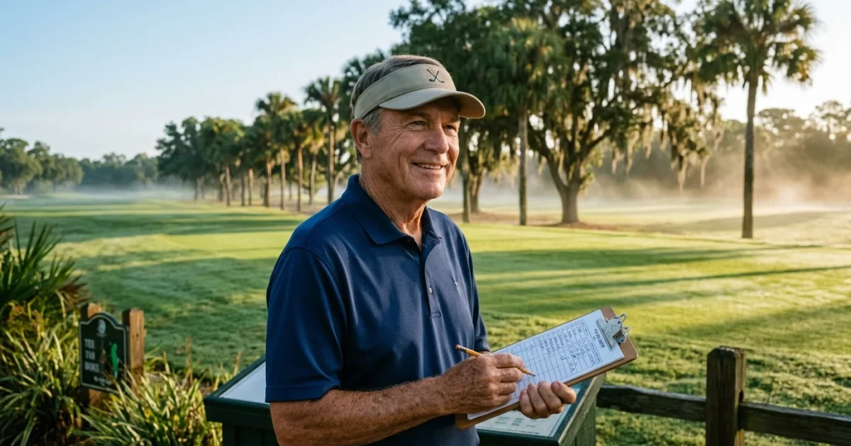 Senior man in a visor holding a clipboard and pencil on a sunny golf course surrounded by palm trees.