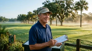Senior man in a visor holding a clipboard and pencil on a sunny golf course surrounded by palm trees.