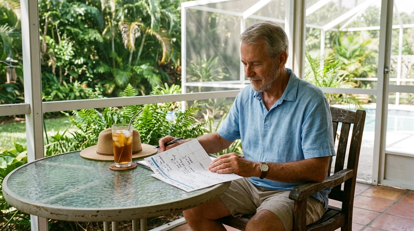 An older man sitting on a sunlit screened patio writes on a printed calendar schedule beside an iced drink.
