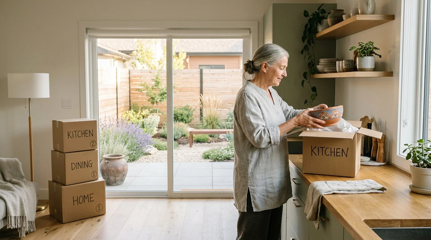 An older woman unpacking a ceramic bowl from a cardboard box on a kitchen counter near a glass sliding door.