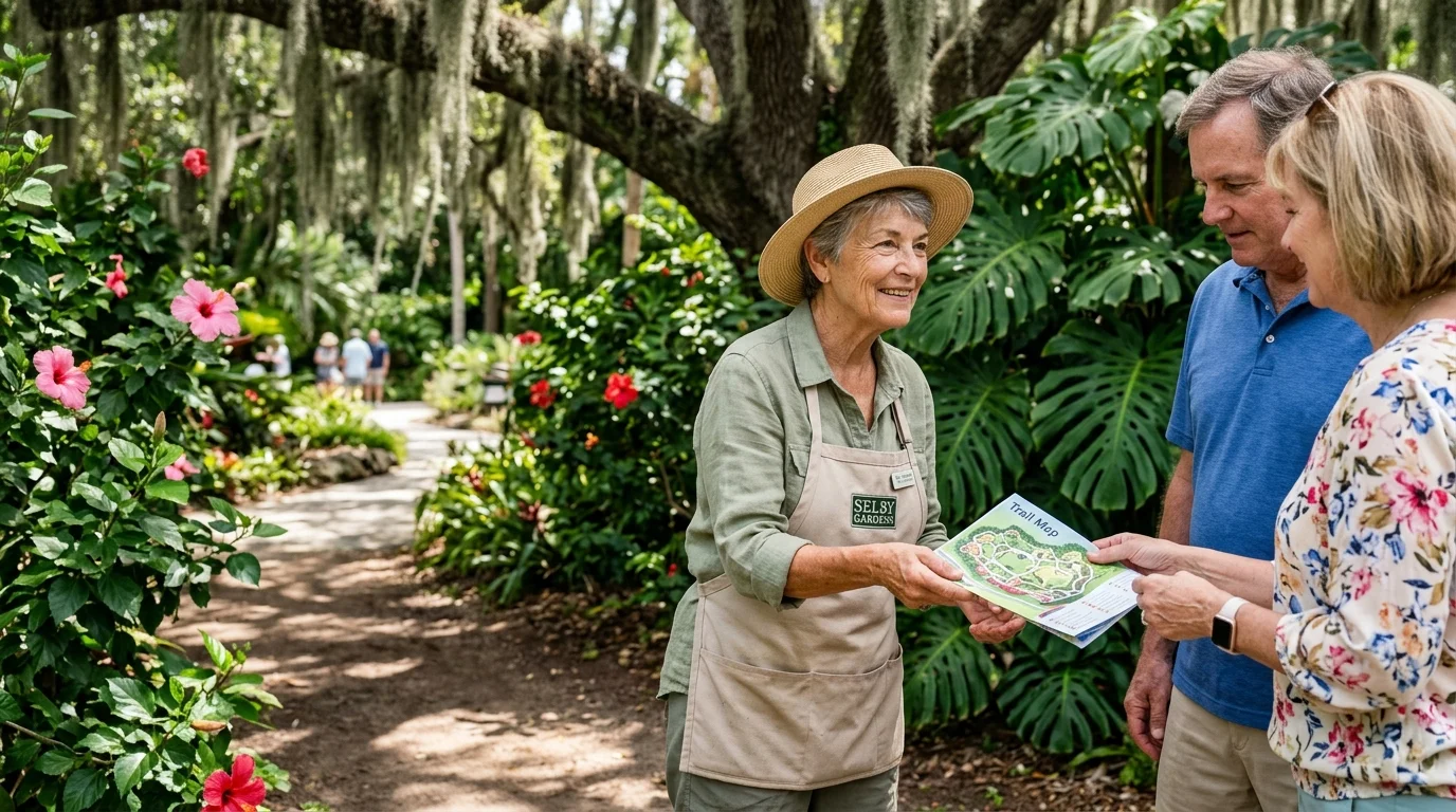 A smiling senior woman wearing a sun hat and apron hands a trail map to a couple in a botanical garden.