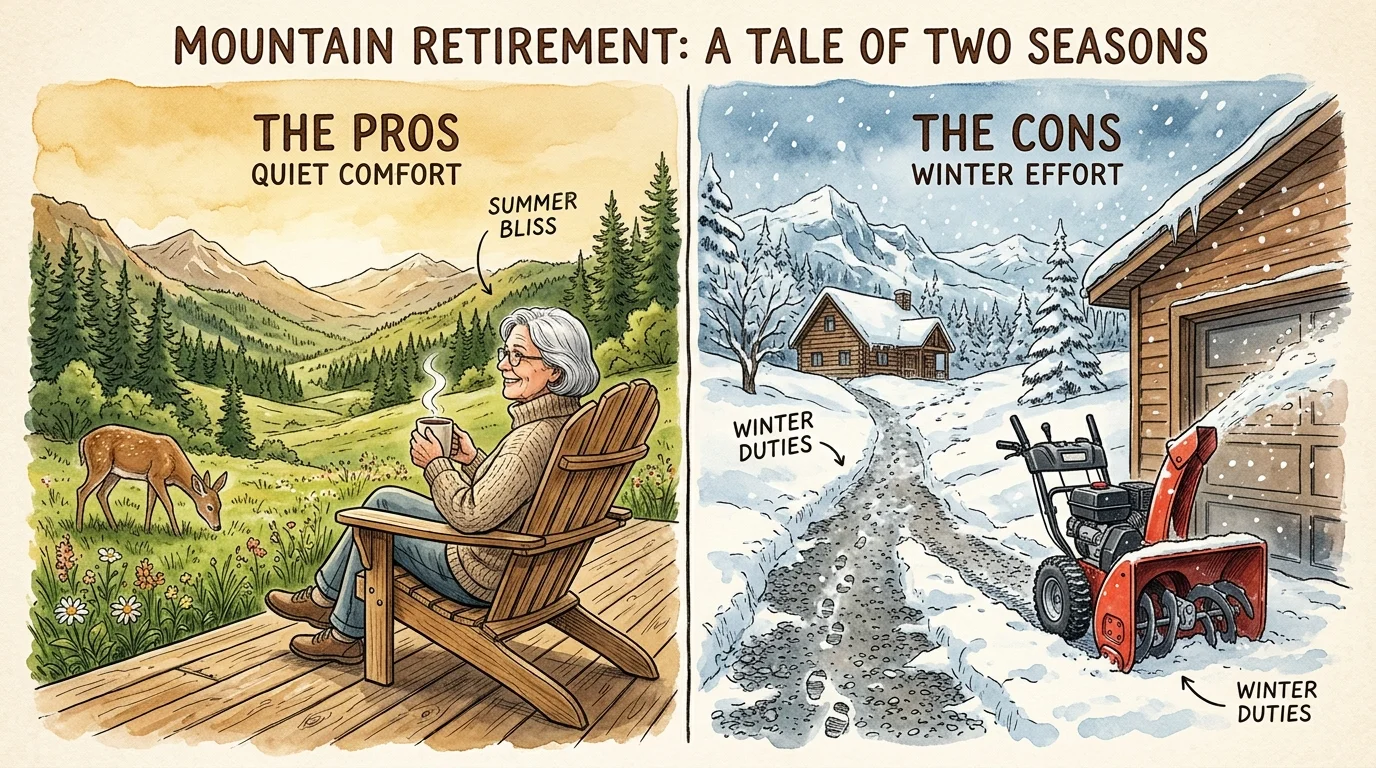 Split-screen watercolor illustration showing the peaceful summer views on the left and snowy driveway maintenance on the right.