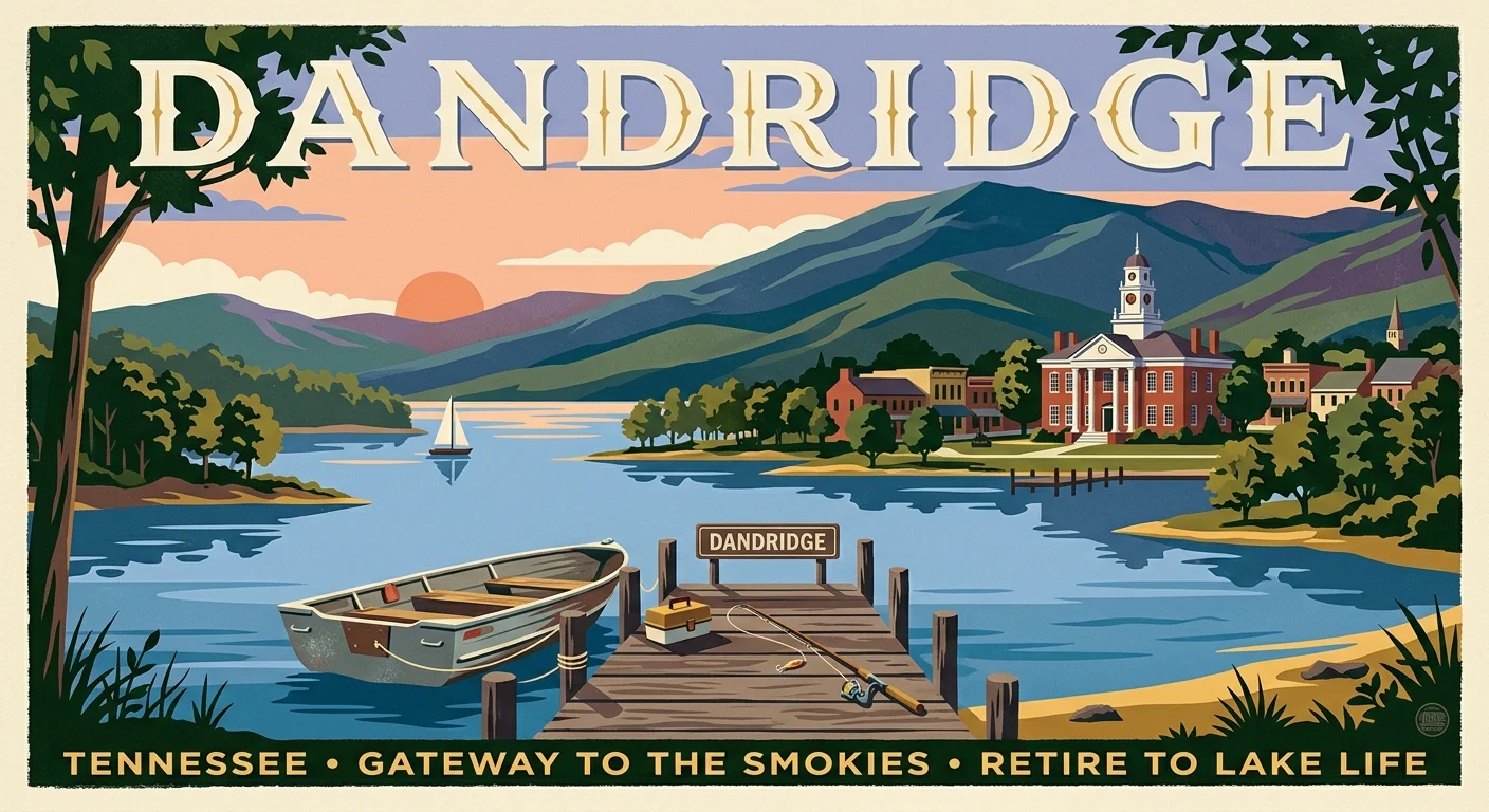 Vintage travel poster of Dandridge, Tennessee with a lake dock, boat, historic courthouse, and mountain sunset.