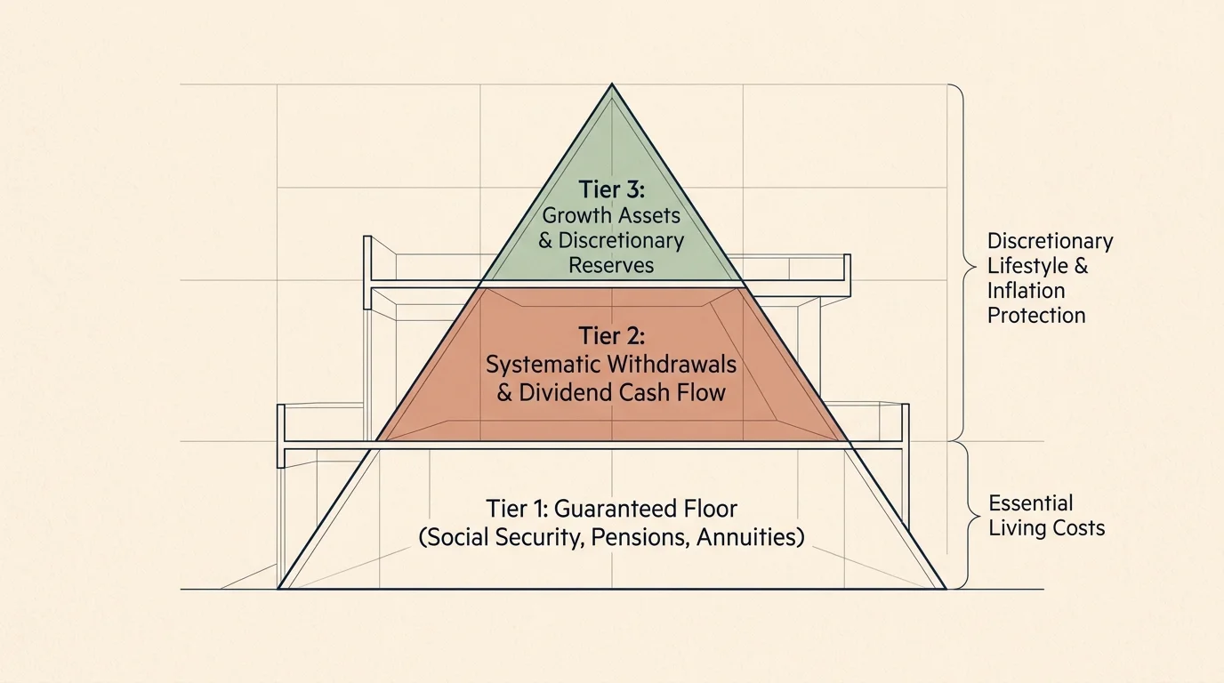 Three-tiered pyramid diagram detailing retirement cash flow from Tier 1 guaranteed floors to Tier 3 growth assets.