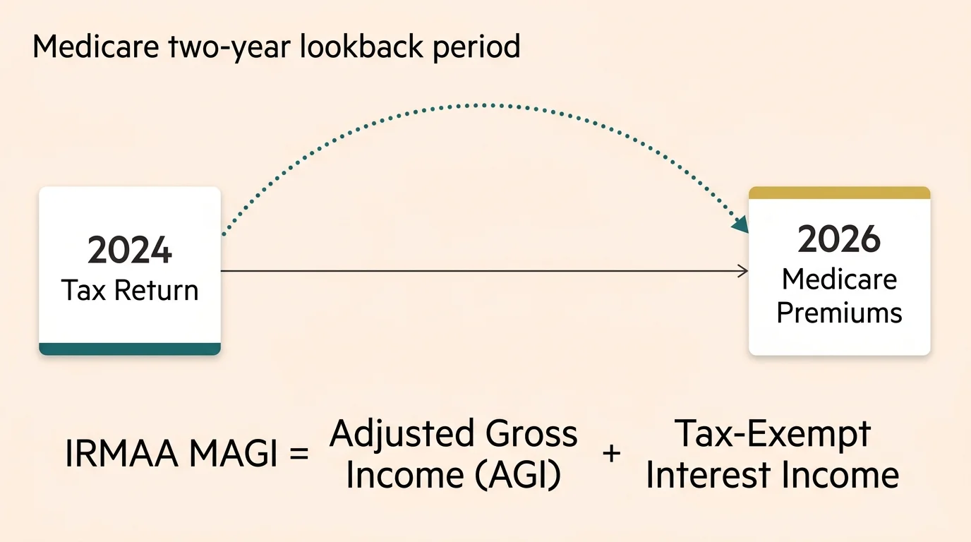 Timeline diagram showing how a 2024 tax return determines 2026 Medicare premiums, including the IRMAA MAGI formula.