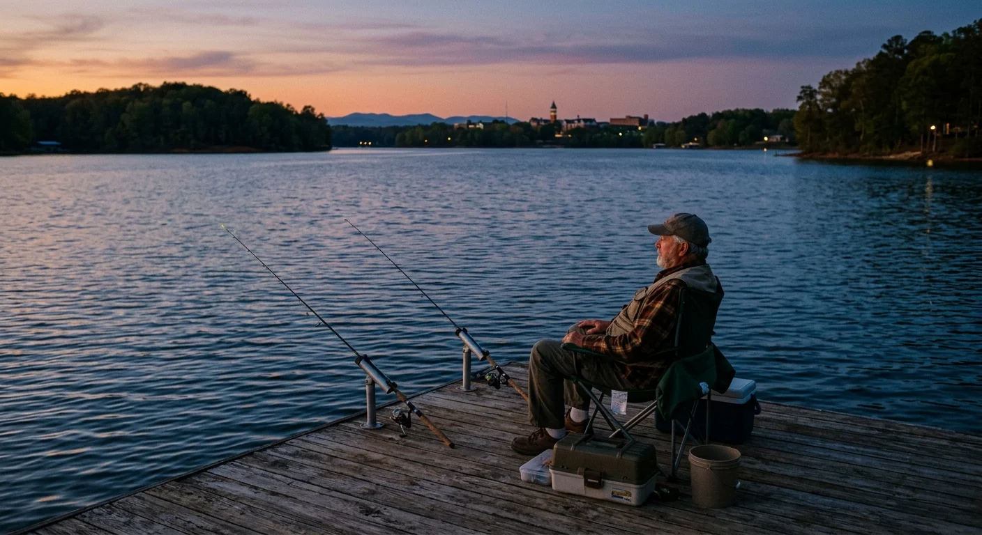 An older man sits in a folding chair on a wooden dock at sunset, fishing with two rods on a calm lake.