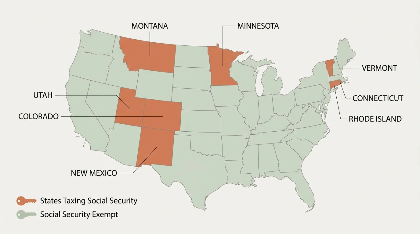 US map highlighting the 8 states that tax Social Security benefits, with clean labels and elegant minimalist cartography.