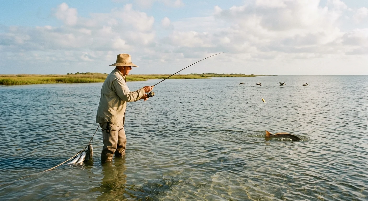 An angler wearing a sun hat and waders stands in shallow coastal water, reeling in a hooked fish.