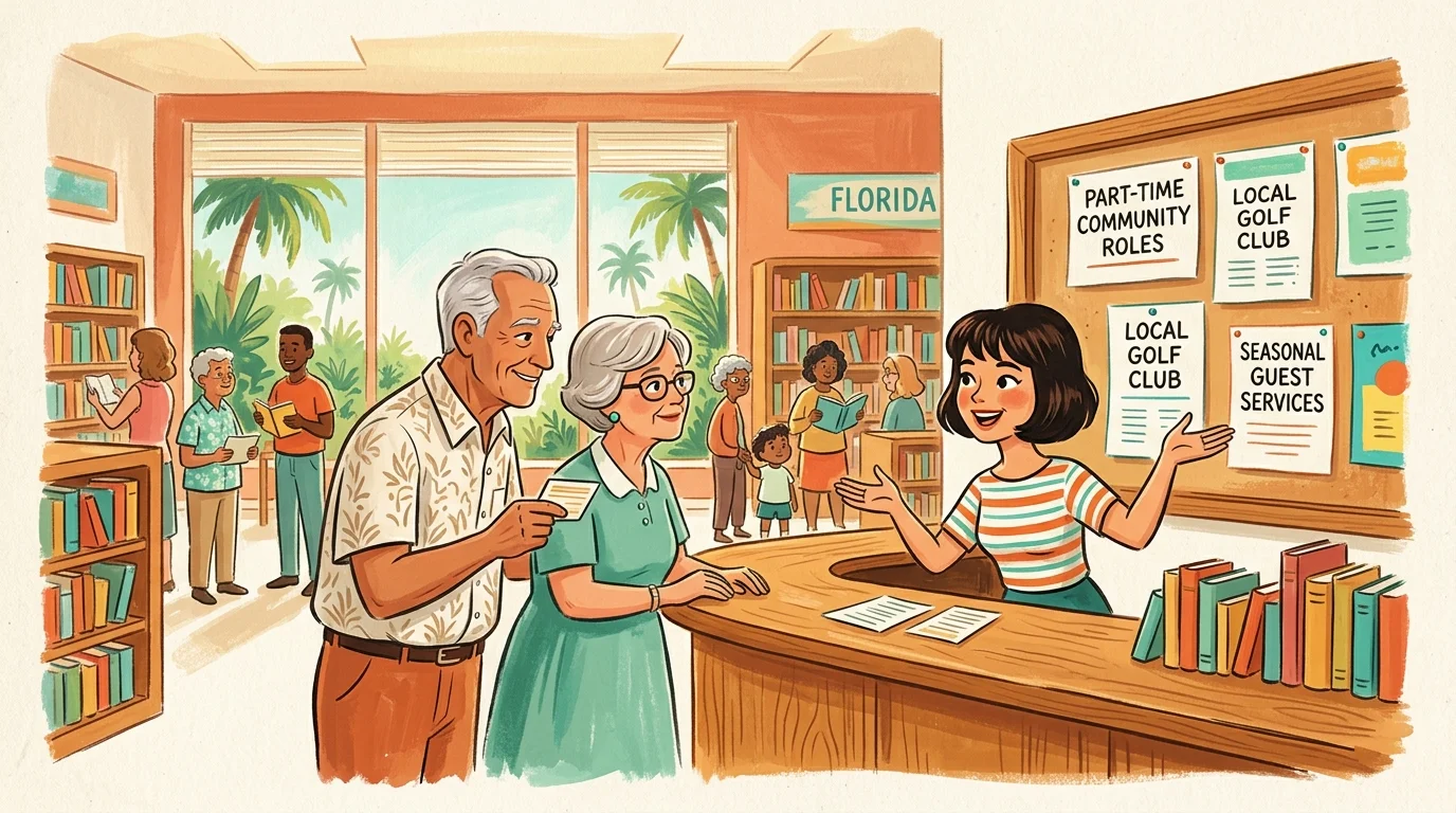Illustration of an older couple at a community desk being shown a job board with local part-time listings.