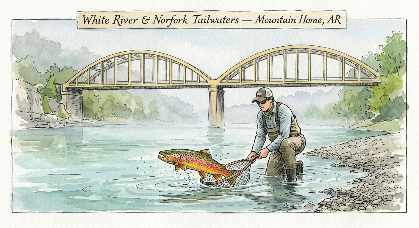 Watercolor illustration of an angler landing a large trout in a river in front of an arched bridge.