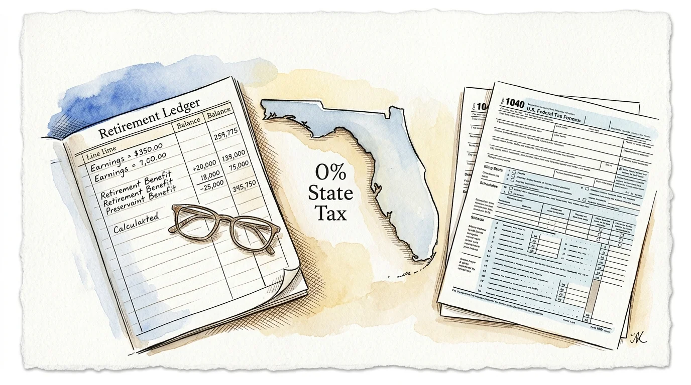Illustration of a retirement ledger notebook, eyeglasses, a Florida map outline, and federal tax forms.