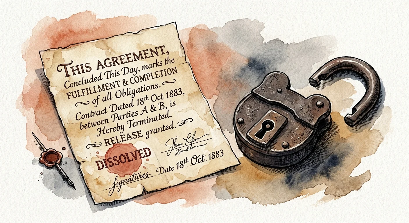 Watercolor illustration of a business contract lying open next to an unlocked iron padlock.