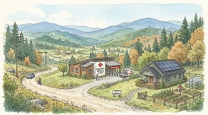 Watercolor illustration of a cozy mountain home and medical clinic in a peaceful valley with soft blue ridge peaks in the background.