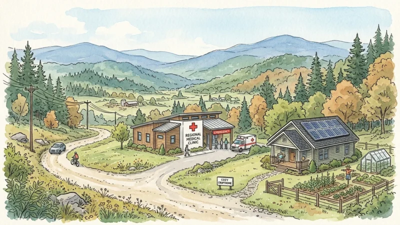 Watercolor illustration of a cozy mountain home and medical clinic in a peaceful valley with soft blue ridge peaks in the background.