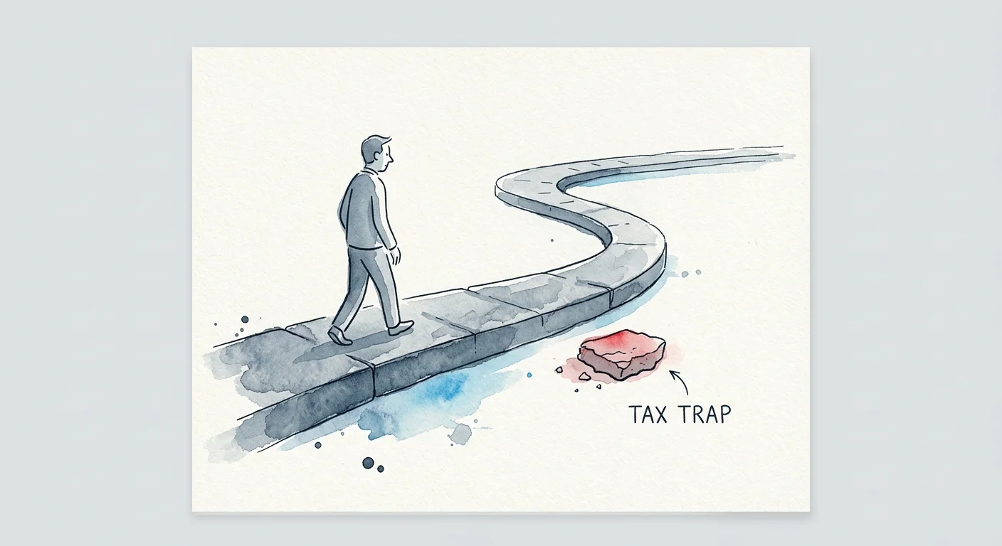 Watercolor illustration of a person mindfully walking a path, navigating past a loose stone labeled Tax Trap.