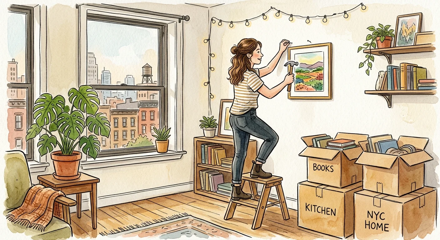 Watercolor illustration of a young adult woman decorating her first independent city apartment.