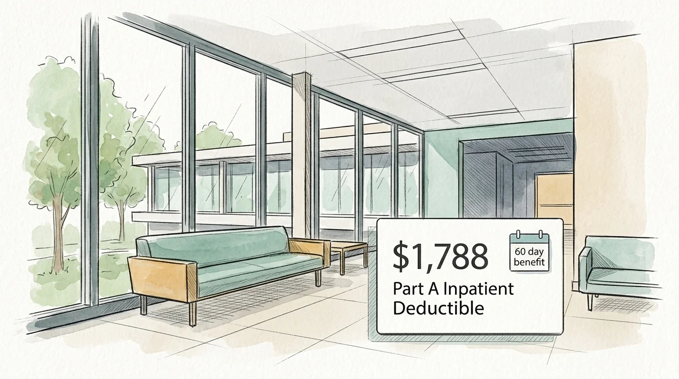 Watercolor illustration of a hospital lobby with sofas, windows, and an overlay box showing the $1,788 Part A deductible.