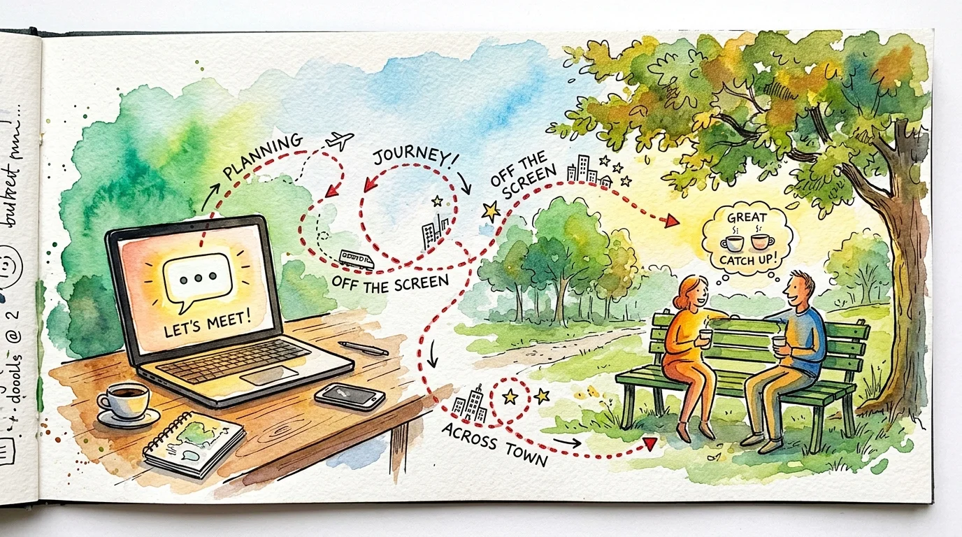 Watercolor illustration showing a dotted path connecting a laptop screen to two people meeting on a park bench.