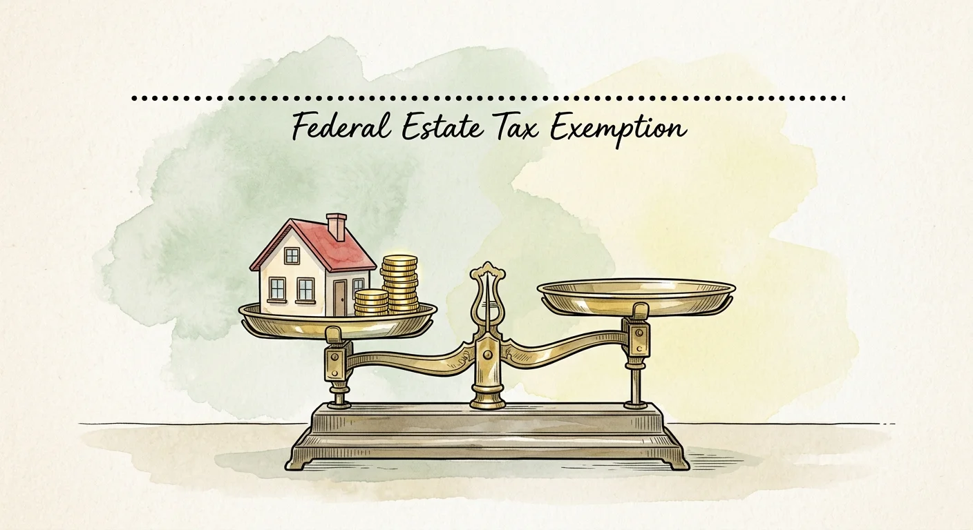 Watercolor illustration showing a family estate sitting safely below a high line representing the federal estate tax exemption.